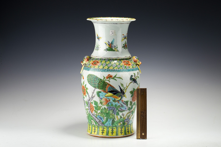 古玩陶瓷清咸豐·廣彩花鳥紋輔首瓶拍賣，當前價格1616元
