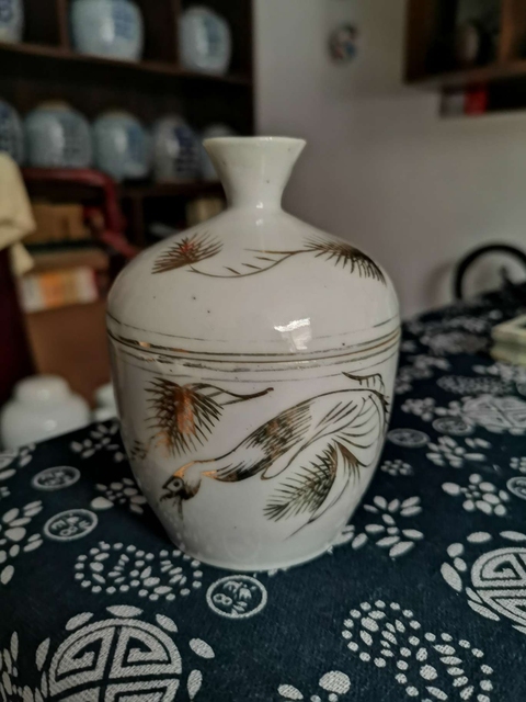 古玩陶瓷民國金彩松鶴延年蓋缸真品鑒賞圖