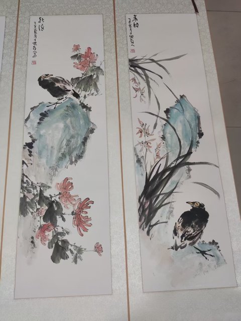 古玩字畫精工裝裱河南名家謝英慧 花鳥四屏拍賣,當前價格688元