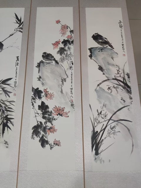 古玩字畫精工裝裱河南名家謝英慧 花鳥四屏拍賣，當前價格688元