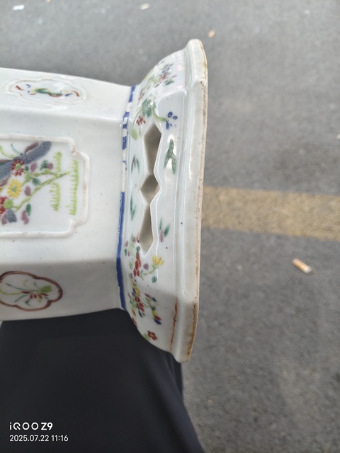 古玩陶瓷粉彩花鳥紋八方花盆真品鑒賞圖
