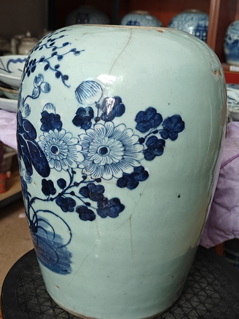 古玩陶瓷豆青釉青花花卉紋冬瓜罐真品鑒賞圖