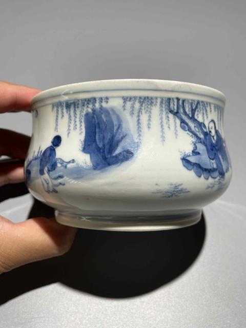 古玩陶瓷明末清初青花人物紋香爐真品鑒賞圖