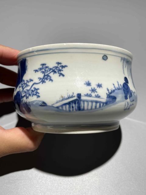 古玩陶瓷明末清初青花人物紋香爐真品鑒賞圖