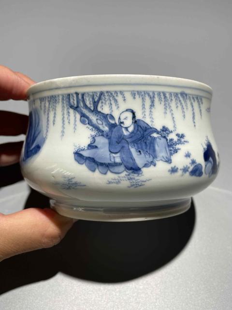 古玩陶瓷明末清初青花人物紋香爐真品鑒賞圖