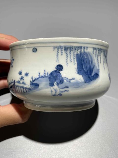 古玩陶瓷明末清初青花人物紋香爐真品鑒賞圖
