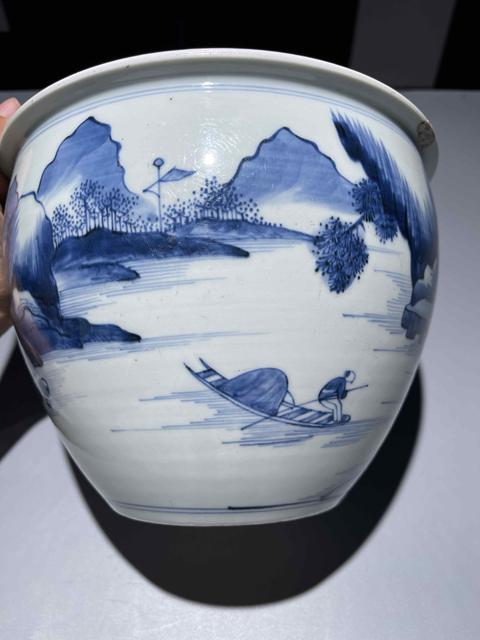 古玩陶瓷清康熙青花山水畫缸真品鑒賞圖