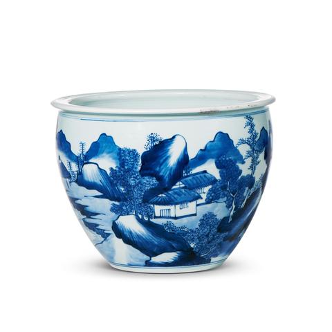 古玩陶瓷清康熙青花山水畫缸真品鑒賞圖