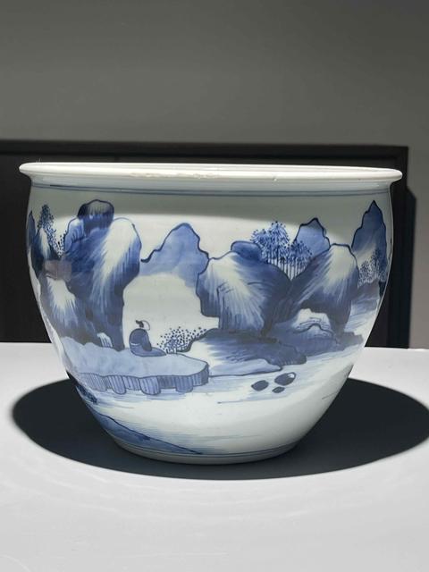 古玩陶瓷清康熙青花山水畫缸真品鑒賞圖