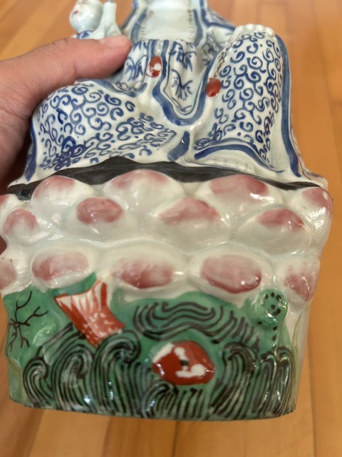 古玩陶瓷清末民初 藍(lán)料彩加粉彩送子觀音造像真品鑒賞圖
