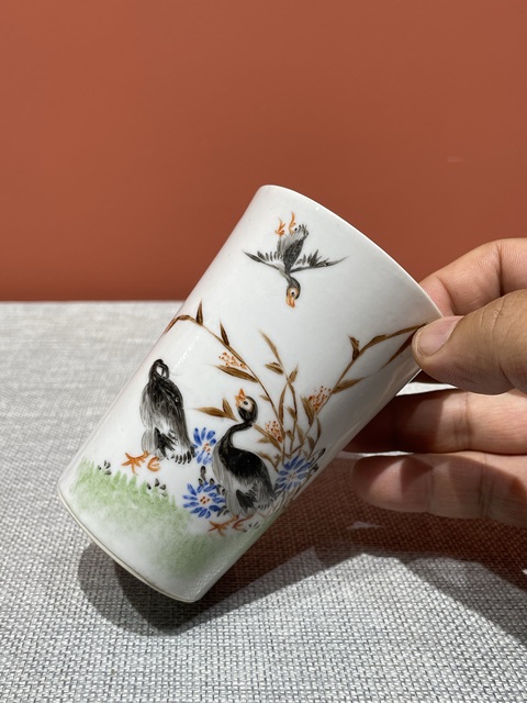古玩陶瓷民國細路粉彩蘆雁紋杯真品鑒賞圖