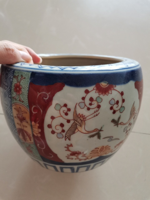 古玩陶瓷花鳥紋青花加彩缸真品鑒賞圖