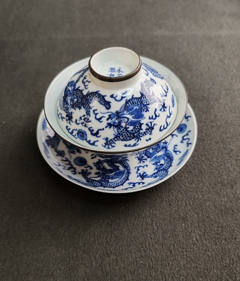 古玩陶瓷龍紋青花三才蓋碗真品鑒賞圖