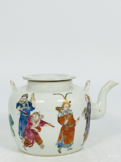 古玩陶瓷粉彩進寶圖提梁壺真品鑒賞圖