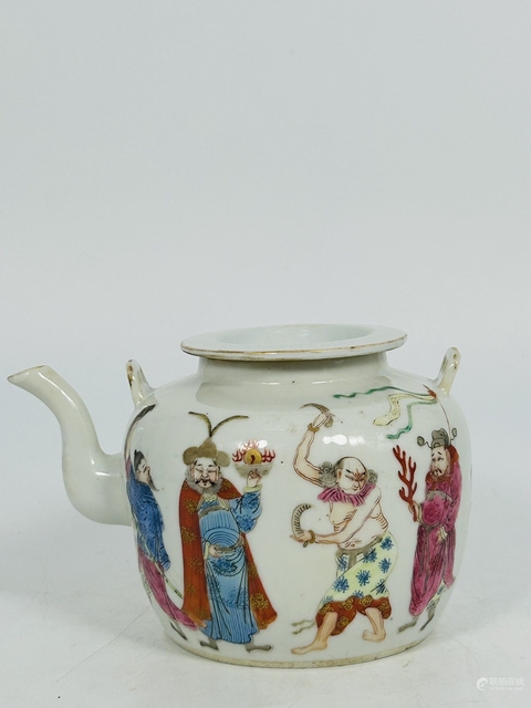 古玩陶瓷粉彩進寶圖提梁壺真品鑒賞圖