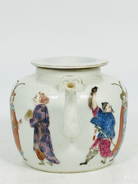 古玩陶瓷粉彩進寶圖提梁壺真品鑒賞圖