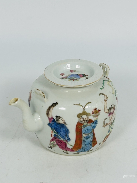 古玩陶瓷粉彩進寶圖提梁壺真品鑒賞圖