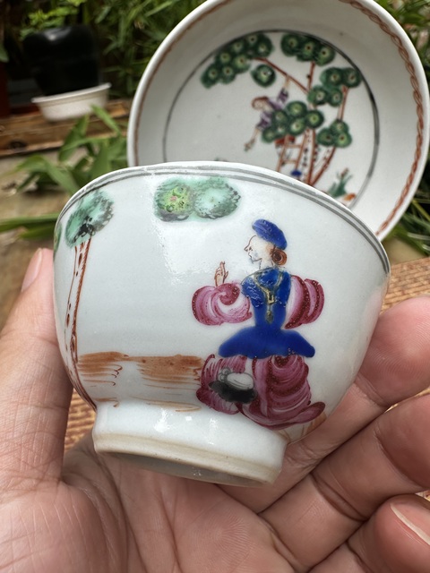 古玩陶瓷乾隆廣彩西洋人物采櫻圖杯碟一套拍賣，當前價格7777元