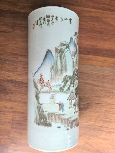 古玩陶瓷山水紋帽筒真品鑒賞圖