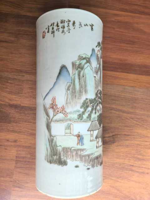 古玩陶瓷淺絳彩山水人物紋帽筒真品鑒賞圖