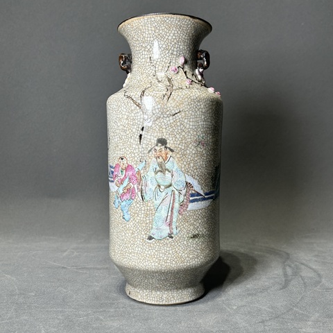 古玩陶瓷哥釉青花加彩人物故事紋撇口瓶真品鑒賞圖