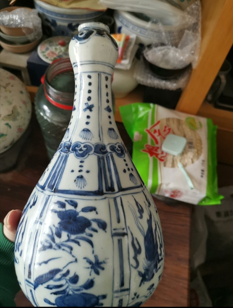 古玩陶瓷青花海馬紋蒜頭瓶,模糊,偏老真品鑒賞圖