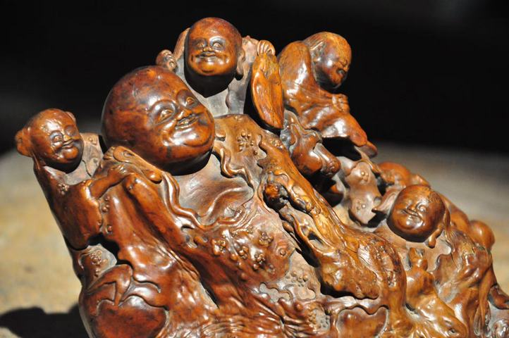 古玩雜項樹根榴木雕五子羅漢（五子登科）真品鑒賞圖