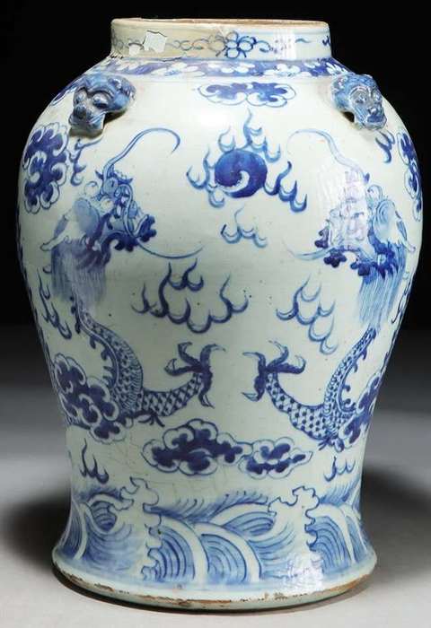 古玩陶瓷二龍戲珠青花四系將軍罐真品鑒賞圖