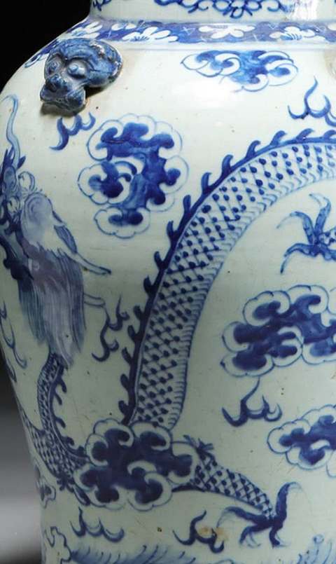 古玩陶瓷二龍戲珠青花四系將軍罐真品鑒賞圖