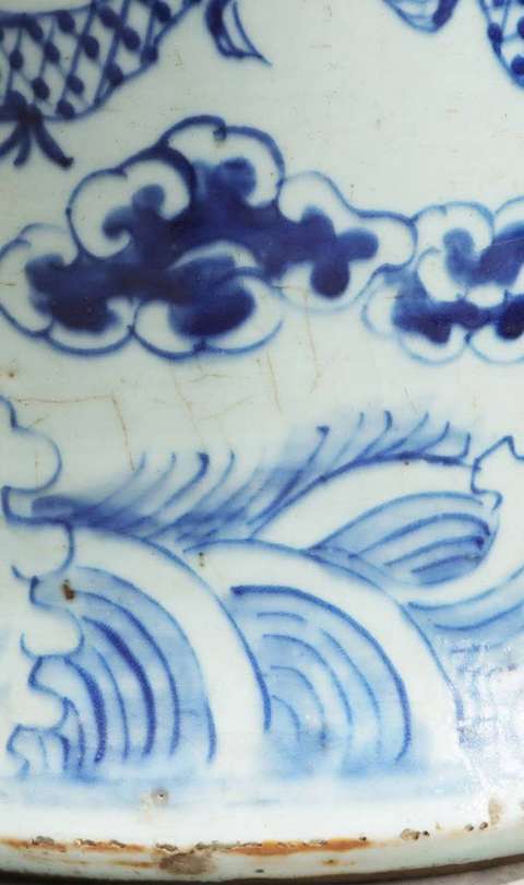 古玩陶瓷二龍戲珠青花四系將軍罐真品鑒賞圖