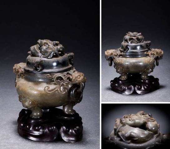 古玩玉器岫玉雕“雙耳三足爐”真品鑒賞圖
