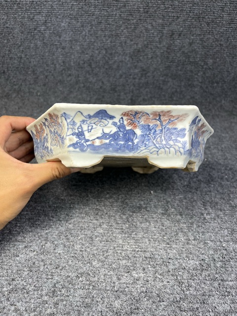 古玩陶瓷青花釉里紅漁樵耕讀人物故事紋奩式洗拍賣，當前價格5888元