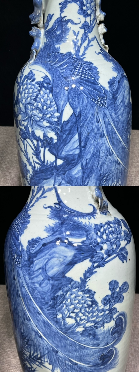 古玩陶瓷豆青釉青花鳳穿牡丹圖撇口瓶真品鑒賞圖