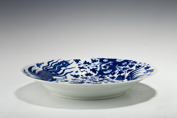 古玩陶瓷清晚·青花鳳凰牡丹紋花口盤真品鑒賞圖