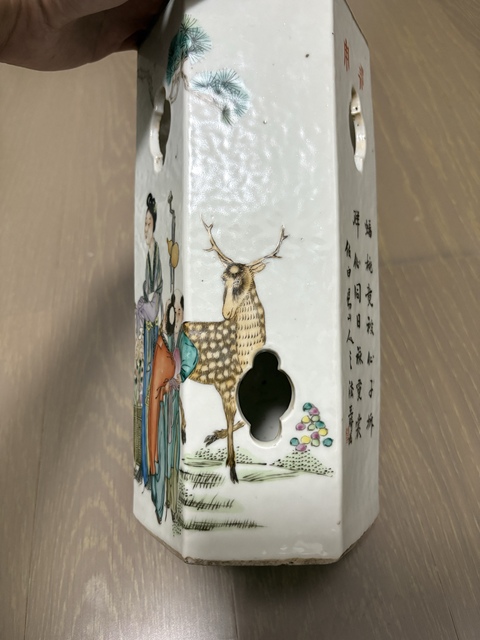 古玩陶瓷民國 王琦繪人物六方帽筒真品鑒賞圖