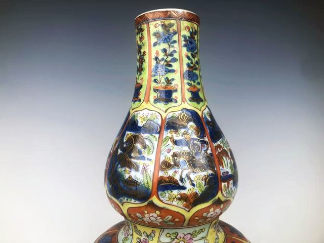 古玩陶瓷清康熙·青花加彩狩獵圖大葫蘆瓶拍賣,當前價格11664元