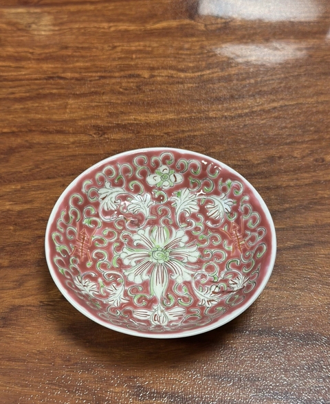 古玩陶瓷花間壽字紋粉彩盤真品鑒賞圖