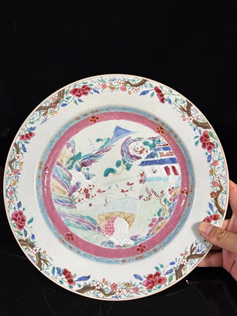 古玩陶瓷山水紋粉彩盤真品鑒賞圖