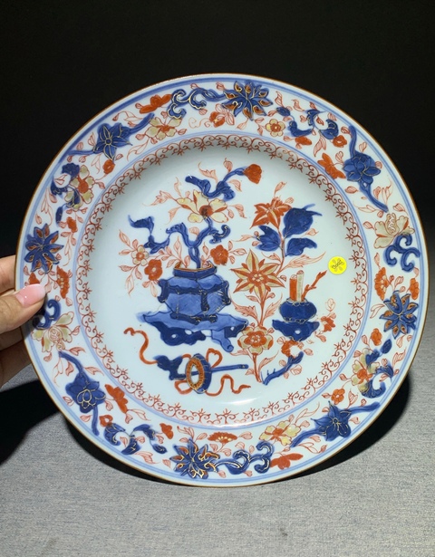 古玩陶瓷博古圖青花礬紅描金盤真品鑒賞圖