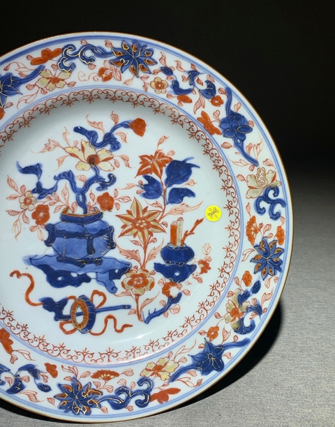 古玩陶瓷博古圖青花礬紅描金盤真品鑒賞圖