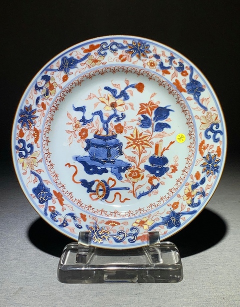 古玩陶瓷博古圖青花礬紅描金盤真品鑒賞圖