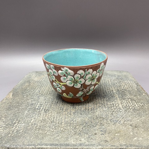 古玩陶瓷花鳥紋紫砂粉彩杯真品鑒賞圖