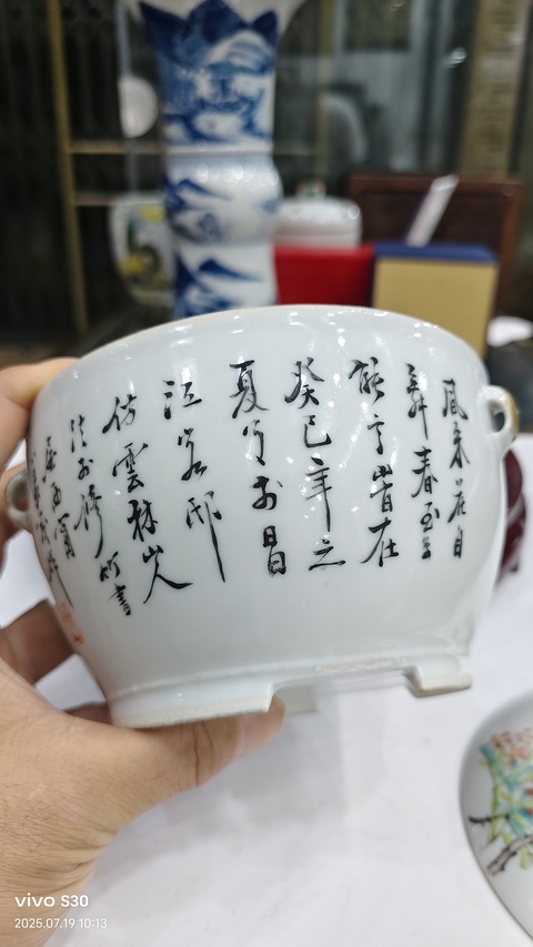 古玩陶瓷淺絳彩花鳥紋蓋罐真品鑒賞圖