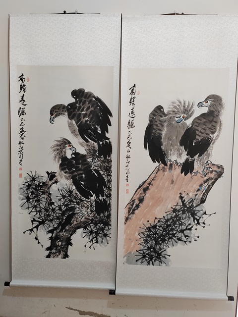 古玩字畫般若行者松鷹四條屏真品鑒賞圖