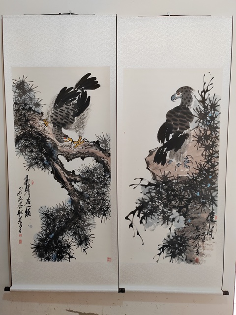 古玩字畫般若行者松鷹四條屏真品鑒賞圖
