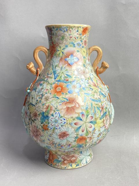 古玩陶瓷粉彩百花不落地如意耳尊真品鑒賞圖