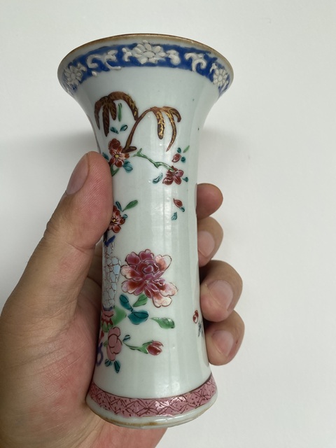 古玩陶瓷清雍正 粉彩花鳥紋花觚真品鑒賞圖