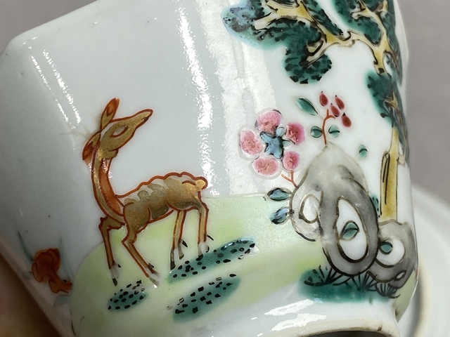 古玩陶瓷雍乾粉彩松鹿紋八方杯碟一套真品鑒賞圖