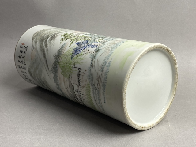 古玩陶瓷淺絳名家山水人物紋帽筒真品鑒賞圖