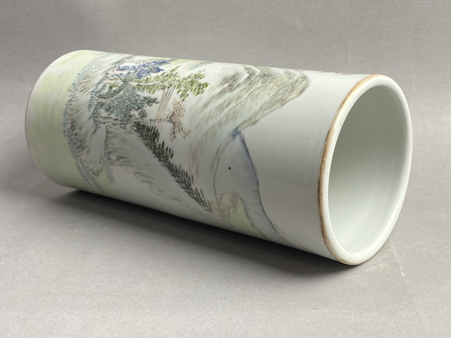 古玩陶瓷淺絳名家山水人物紋帽筒真品鑒賞圖